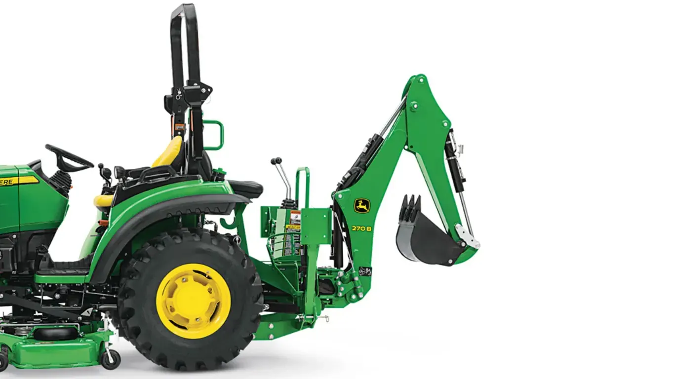 Left side studio view of 270B Backhoe on a 2038R Compact Tractor