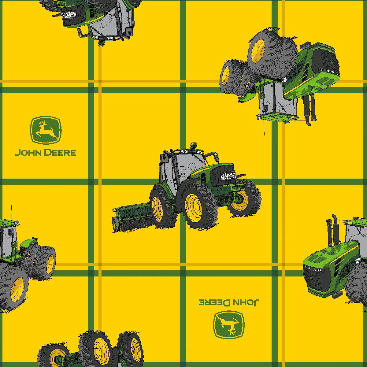 Fabric By The Yard - Square Plaid with Tractors Print