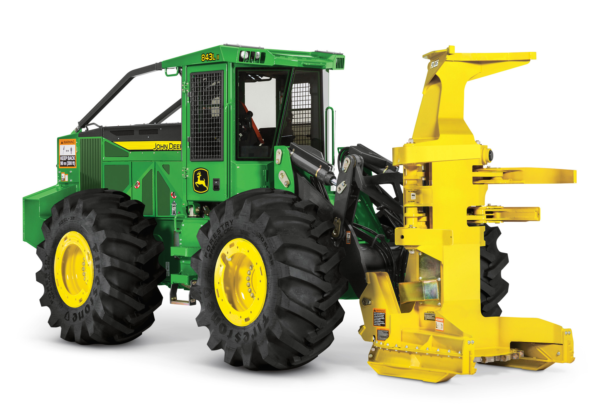 John Deere wheeled feller buncher with yellow harvesting head attachment shown in a studio setting, featuring large rugged tires, enclosed cab, and forestry cutting unit against a neutral background.