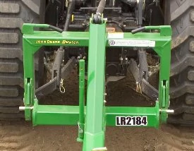 Front view of the LR2184 landscape rake's frame and hitch connection to a tractor