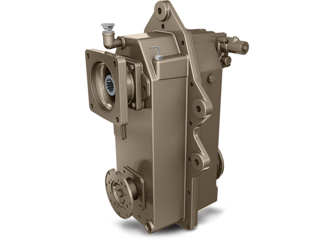 Beige industrial gearbox assembly with a rectangular housing and multiple mounting points, a square front flange with a circular splined input opening, and a cylindrical component near the bottom