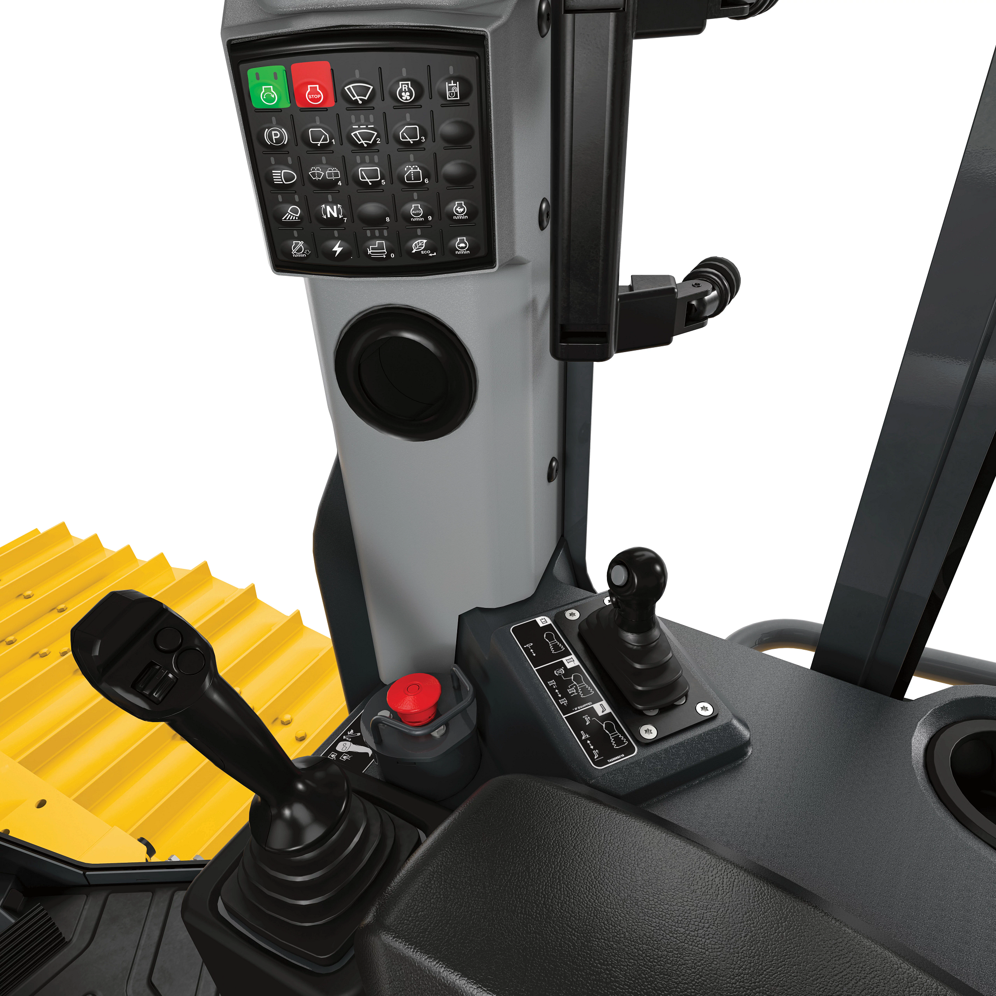 Studio close-up of the operator controls of a 40PL construction crawler dozer pipelayer