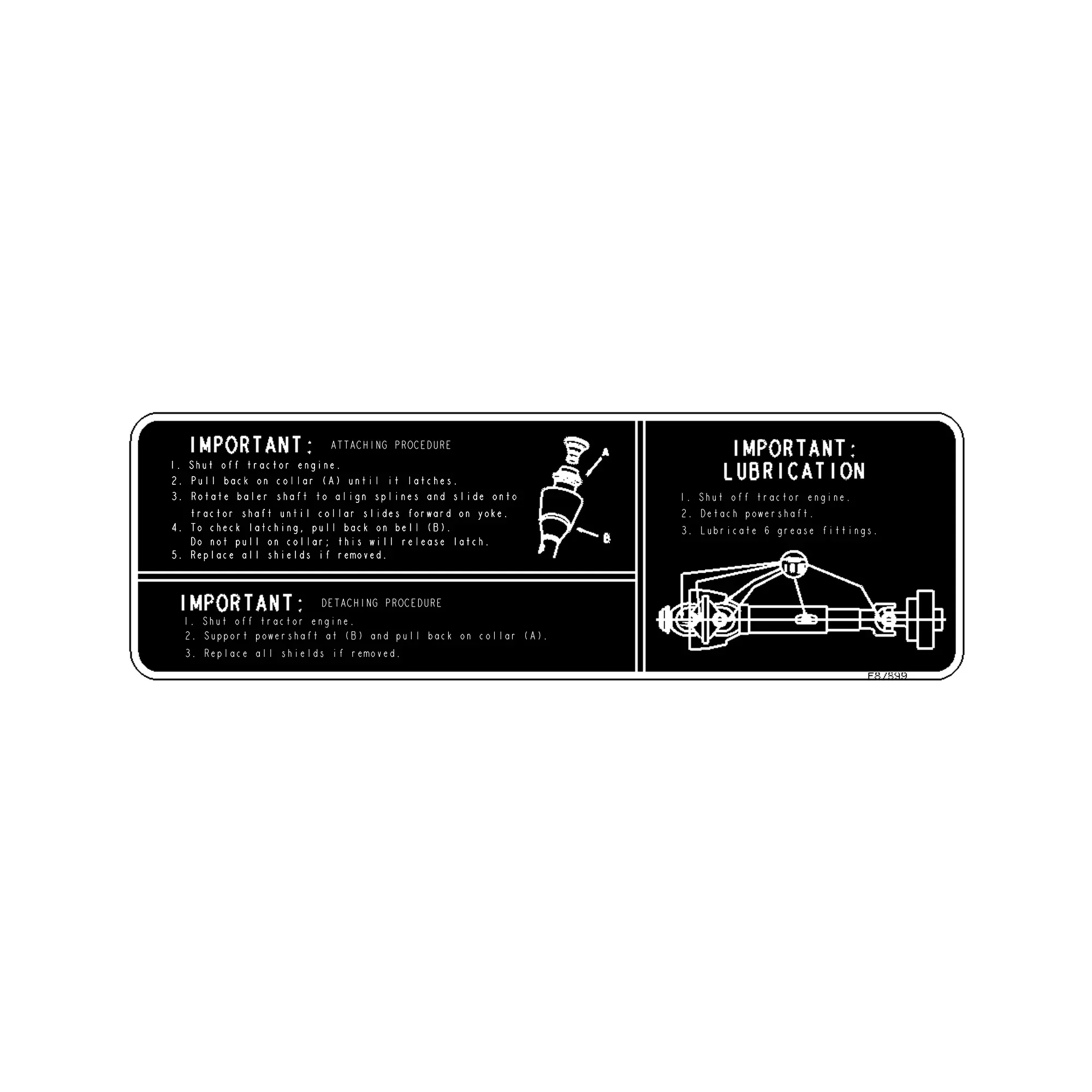 John Deere Hookup and Lubrication Label - E87899