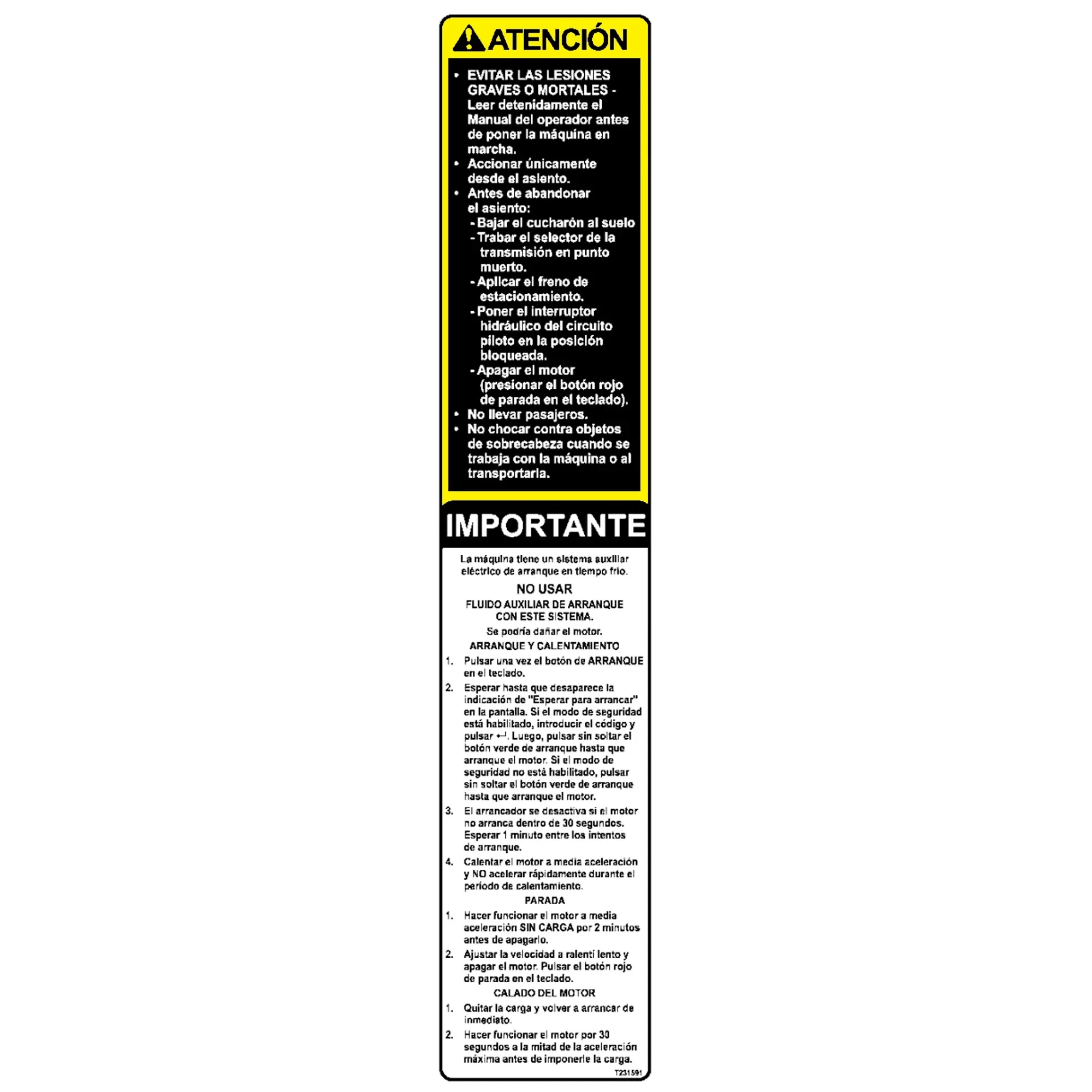 John Deere Safety Sign, Engine Start/Stop Caution, Spanish - T231591