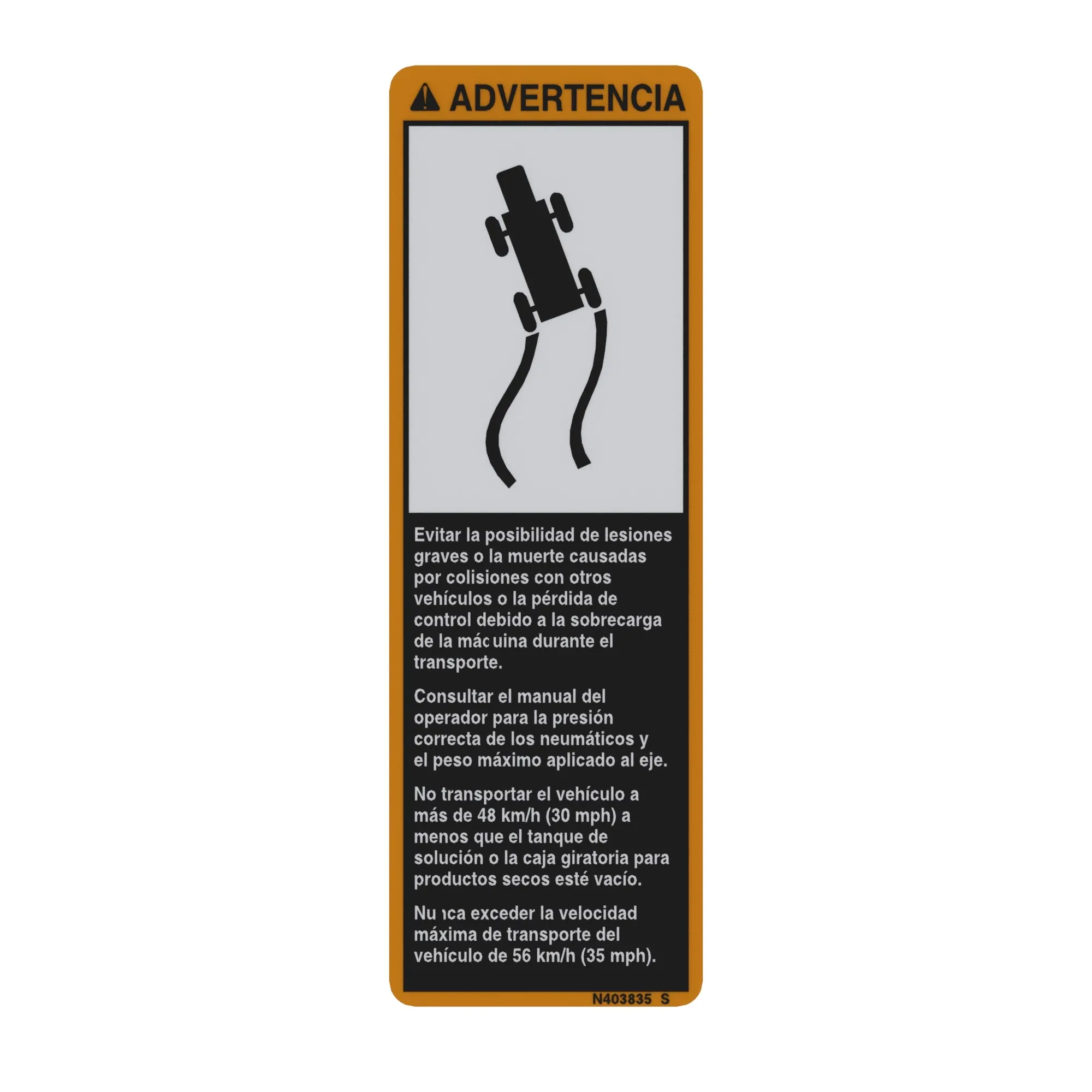 John Deere Label, Warning Transport, Spanish - N403835