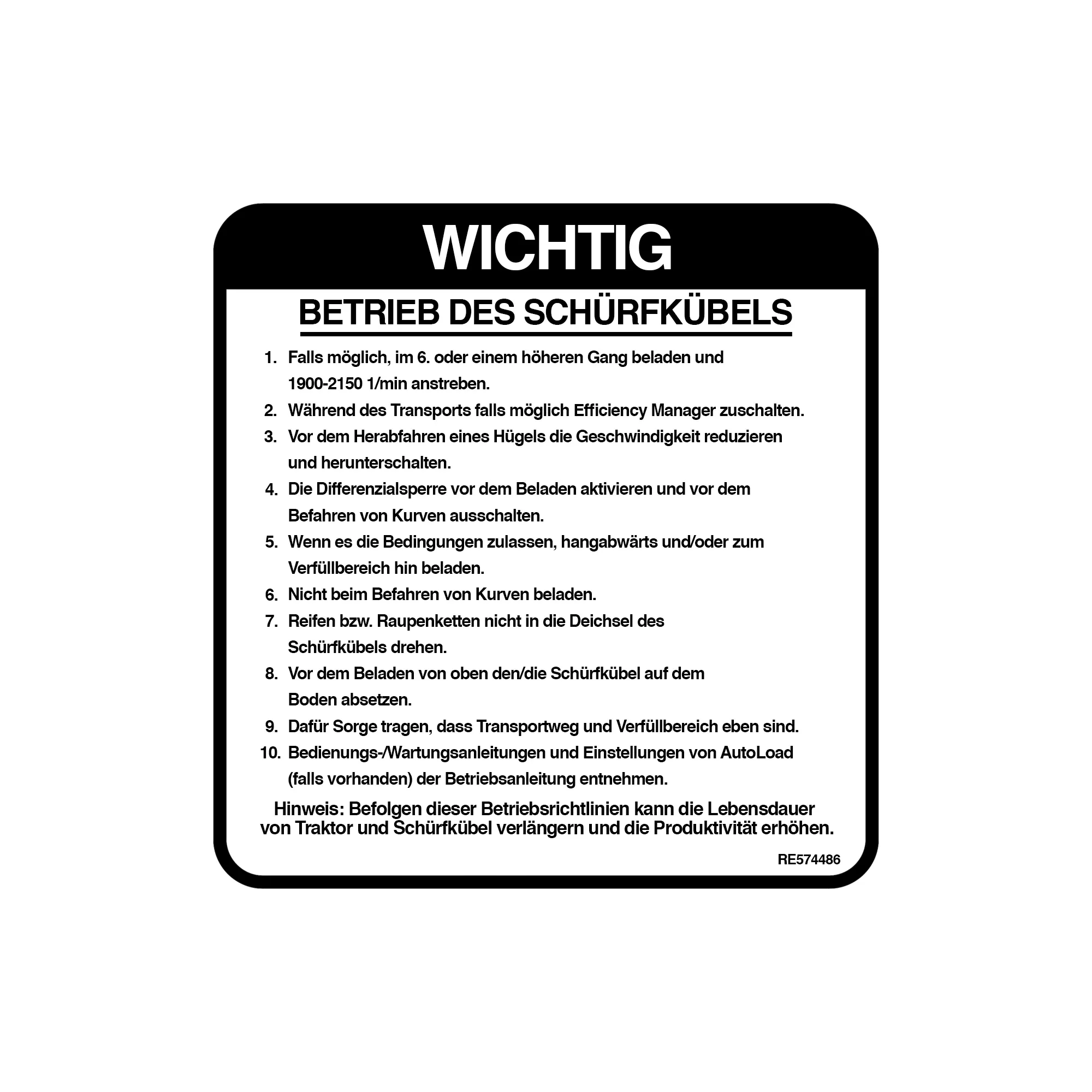 John Deere Scraper Operation Label, German - RE574486