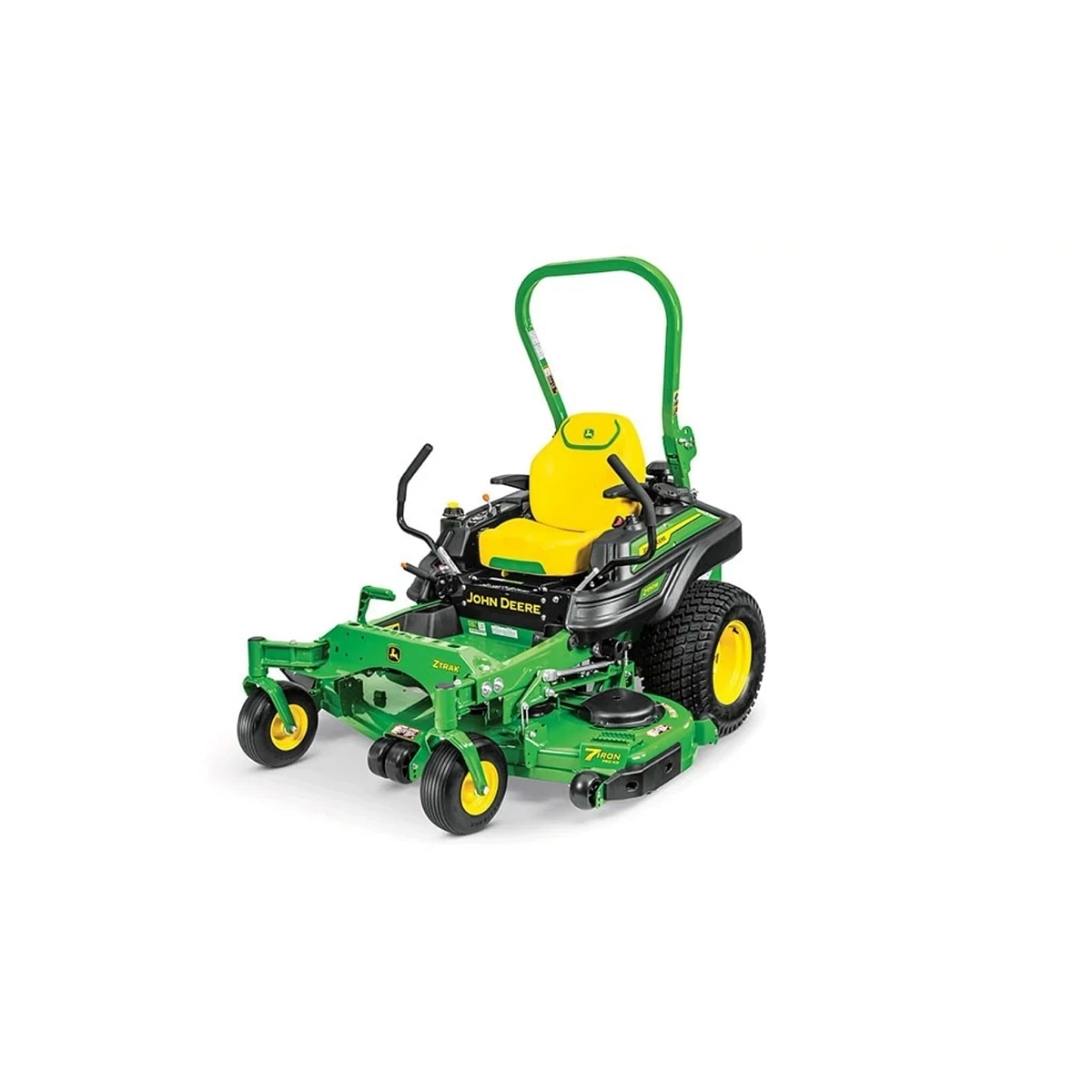 John Deere ZTrak commercial zero-turn mower with a yellow high-back seat, rollover protection bar, dual steering levers, and 7-Iron mowing deck, shown from a front three-quarter angle on a white background