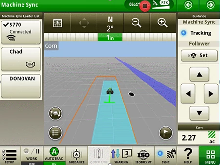 Screenshot of Gen4 machine sync tracking screen showing computer-generated grid map and logistics buttons