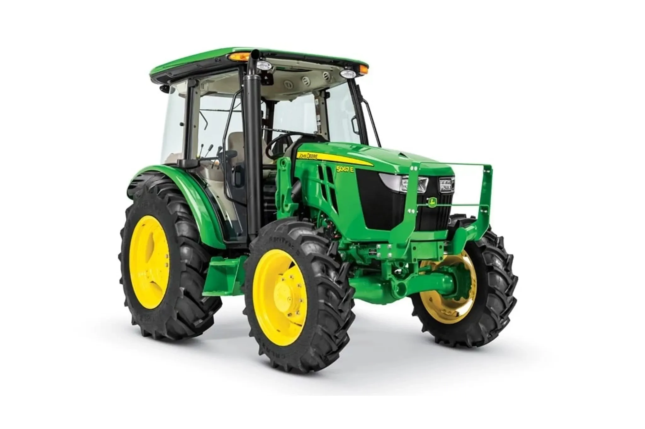 Studio image with a front right view of a 5067E Utility Tractor