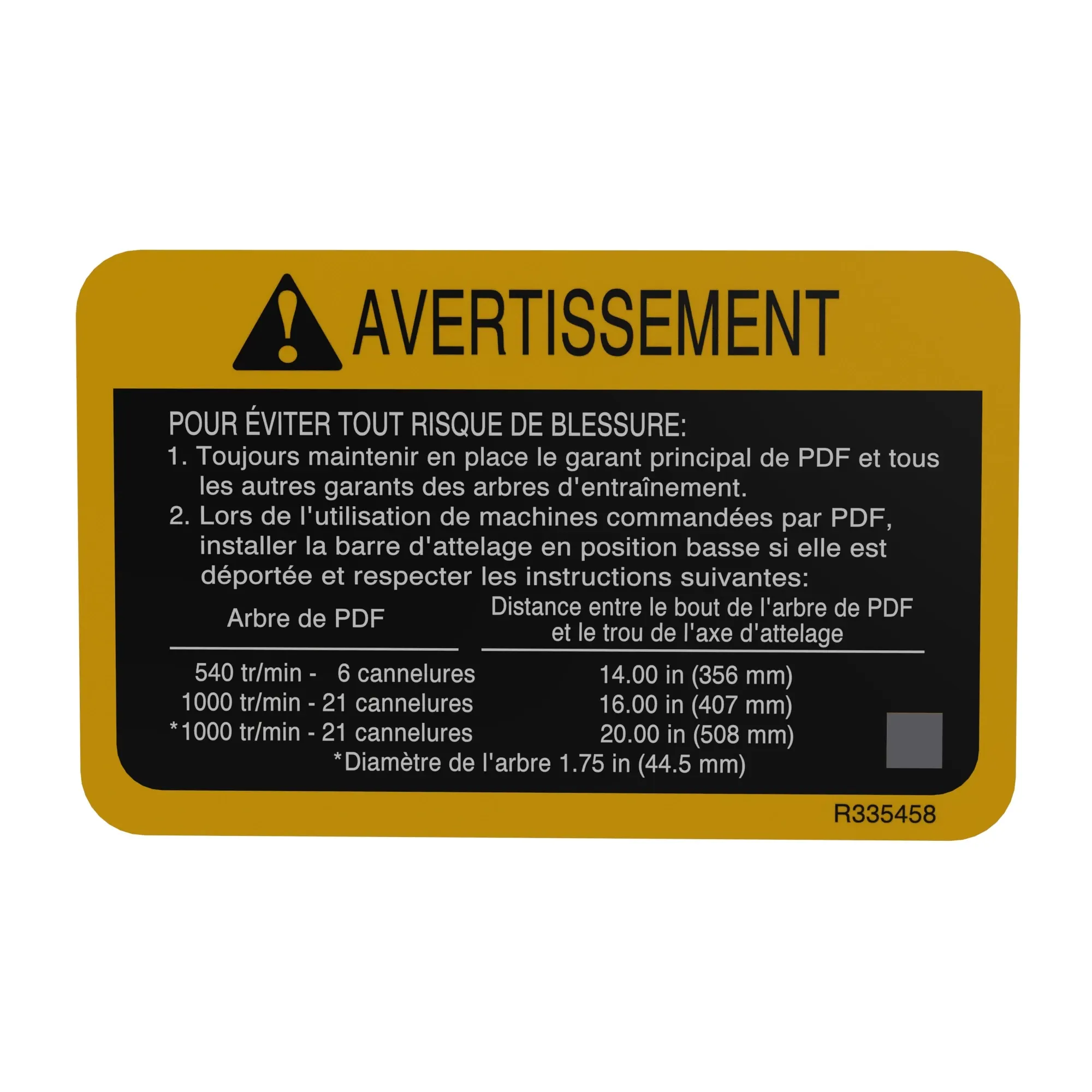John Deere French PTO Safety Label - R335458