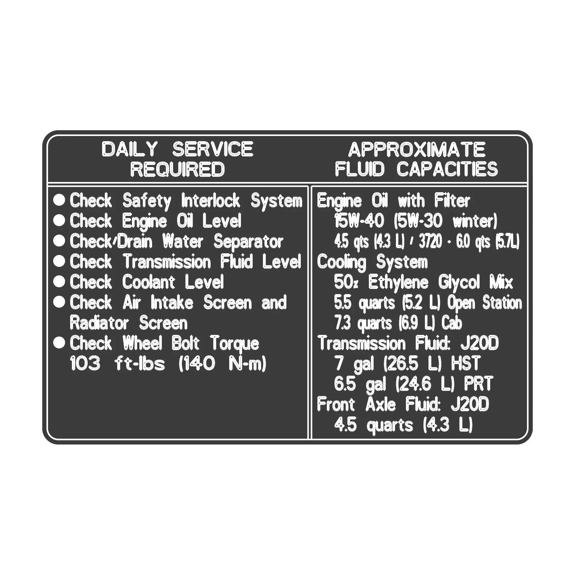 John Deere Service Fill Quantities Label - LVU16454