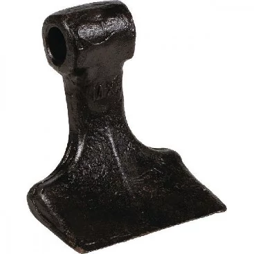 Close‑up of a black forged steel flail mower hammer featuring a rectangular cutting edge and a circular mounting hole, shown on a white background