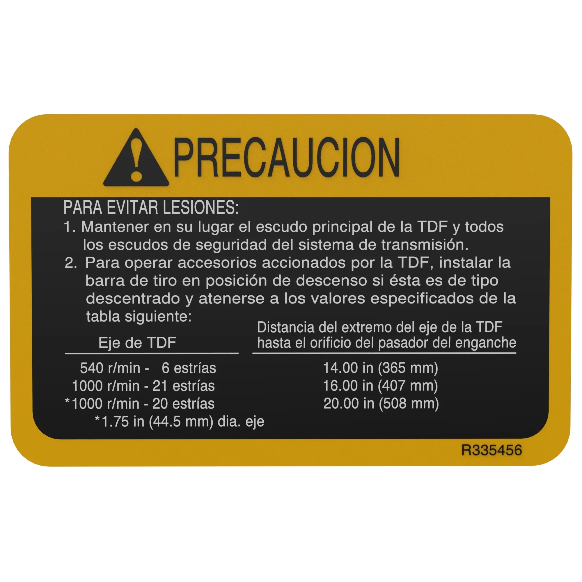 John Deere Spanish PTO Safety Label - R335456