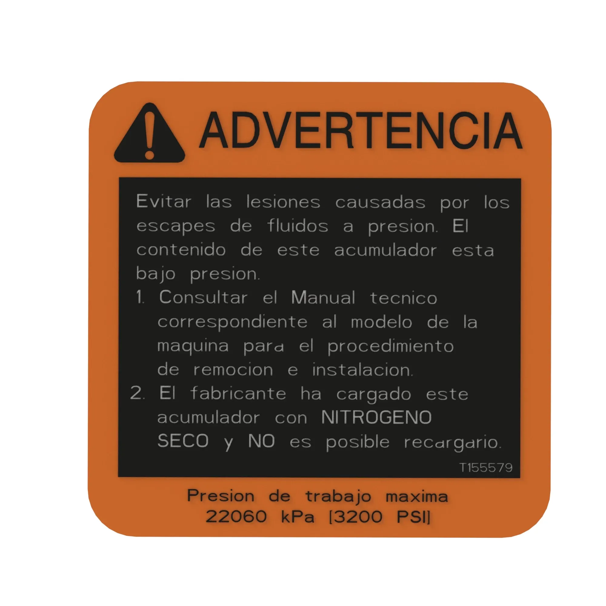 John Deere Safety Sign, Accumulator Warning, Spanish - T155579