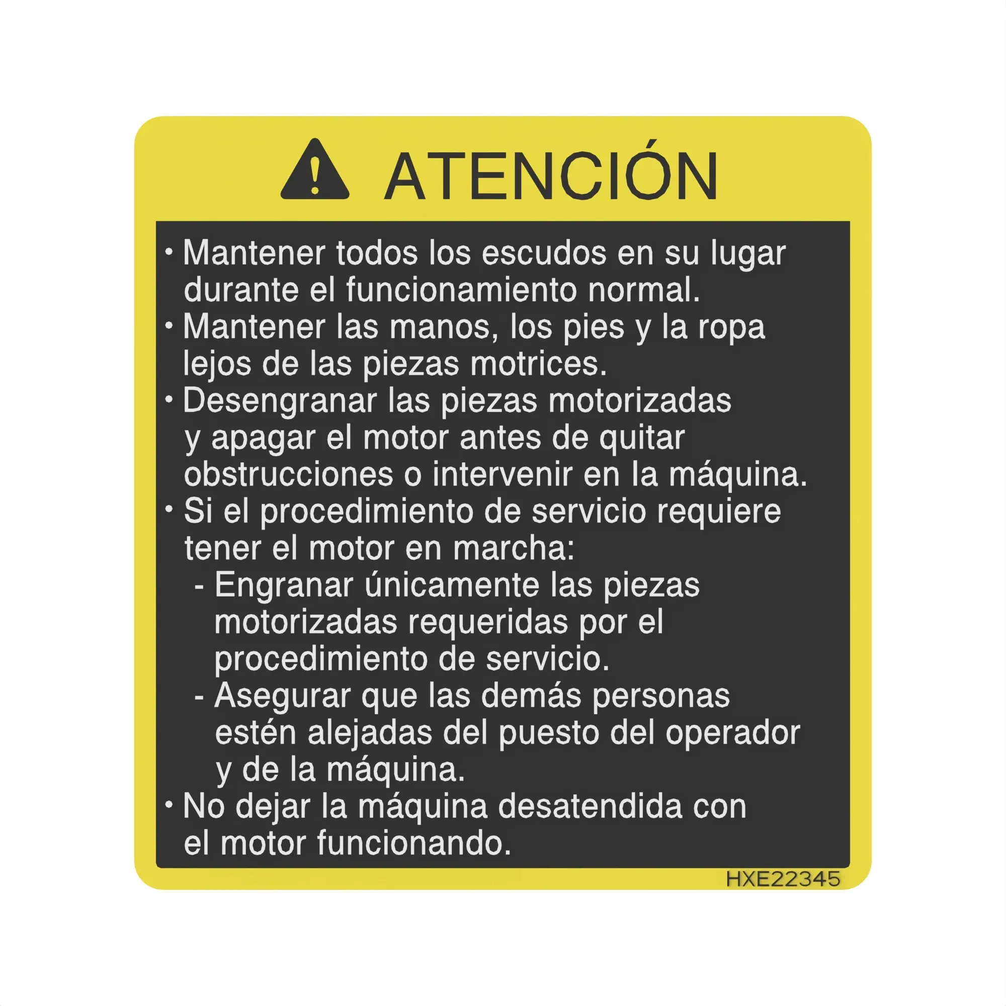 John Deere Caution Label, Spanish - HXE22345