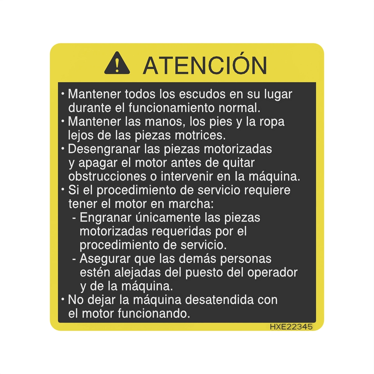 John Deere Caution Label, Spanish - HXE22345