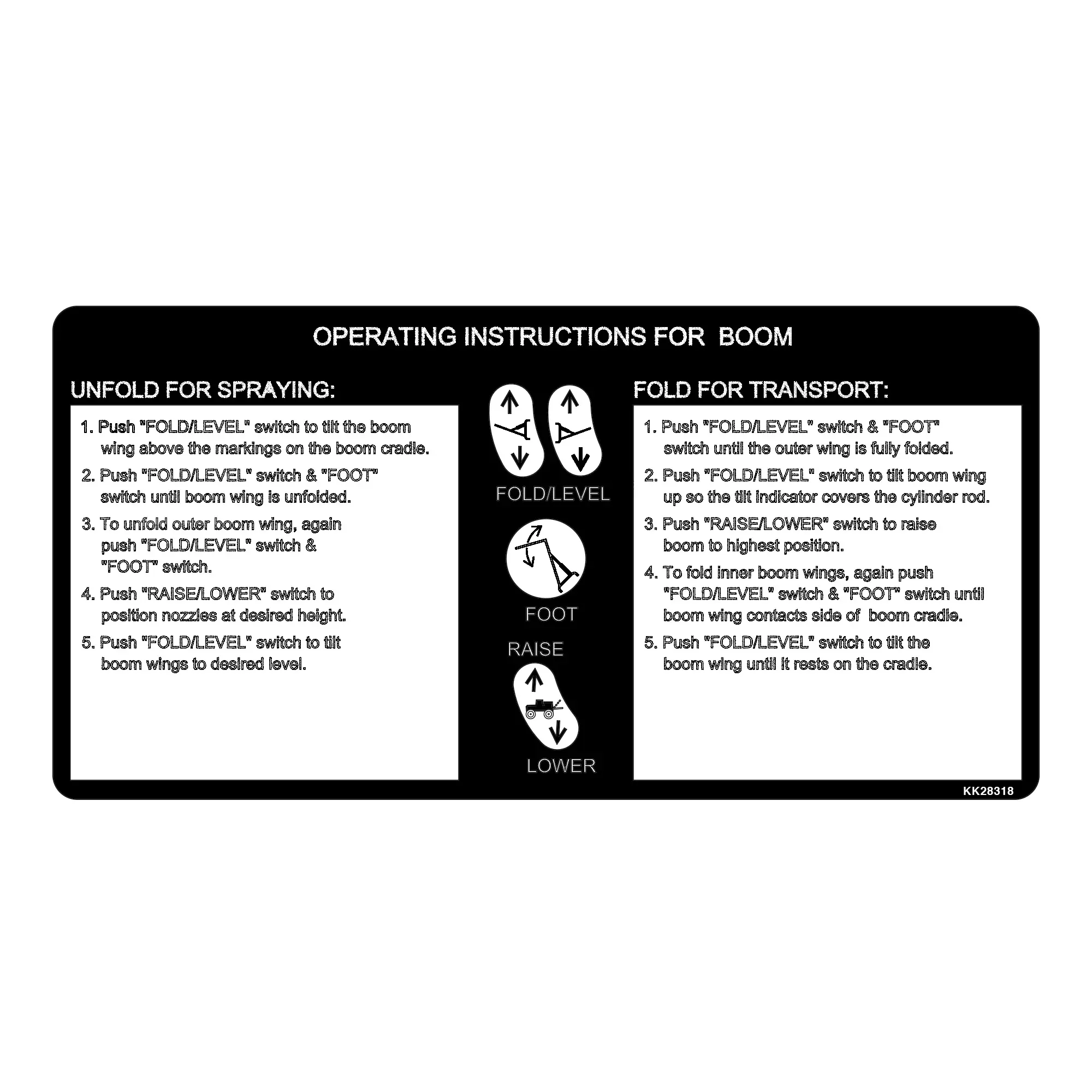 John Deere Boom Fold Instruction label, English - KK28318