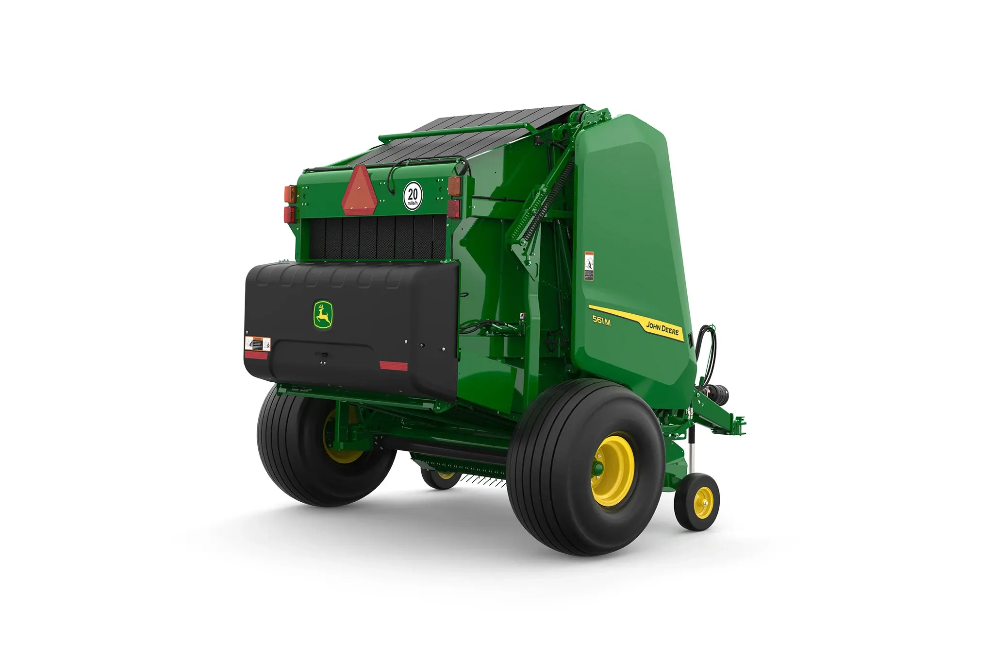 Studio rendering of 561M round baler shown from a rear three-quarter angle on a white background, featuring a green body, yellow wheels, rear compartment with John Deere logo, safety reflector, visible bale chamber belts, and enclosed pickup assembly
