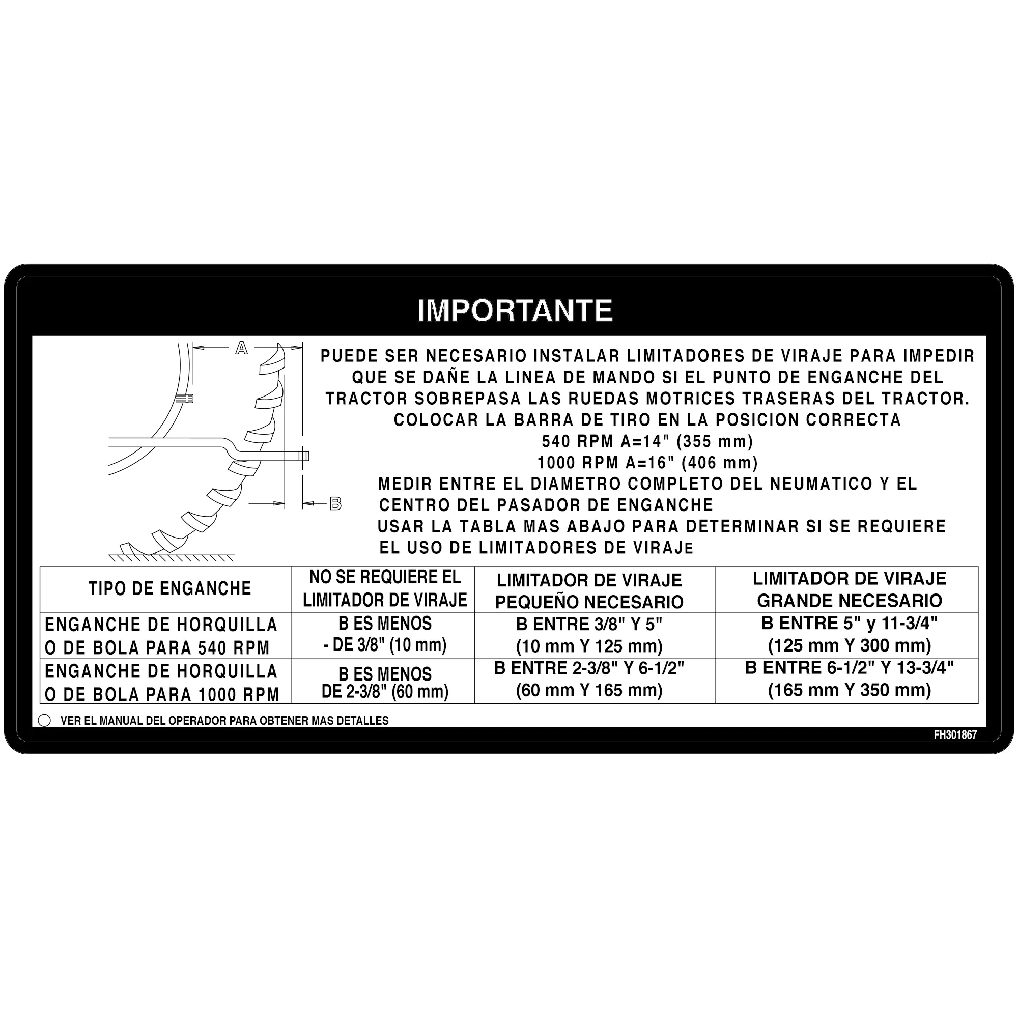 John Deere Turn Limiter Instruction Label, Spanish - FH301867