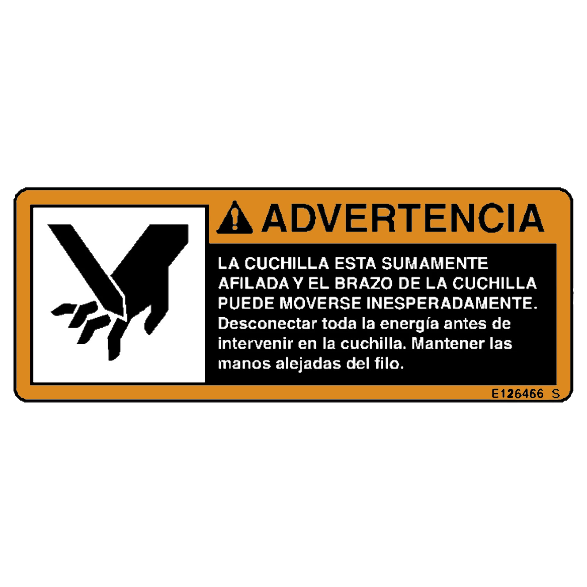 John Deere Knife Arm Warning Label, Spanish - E126466