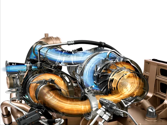 A close-up, cutaway-style illustration of a twin turbocharger system, with blue and orange airflow streams visualizing air intake and compression through curved metal pipes and turbo housings