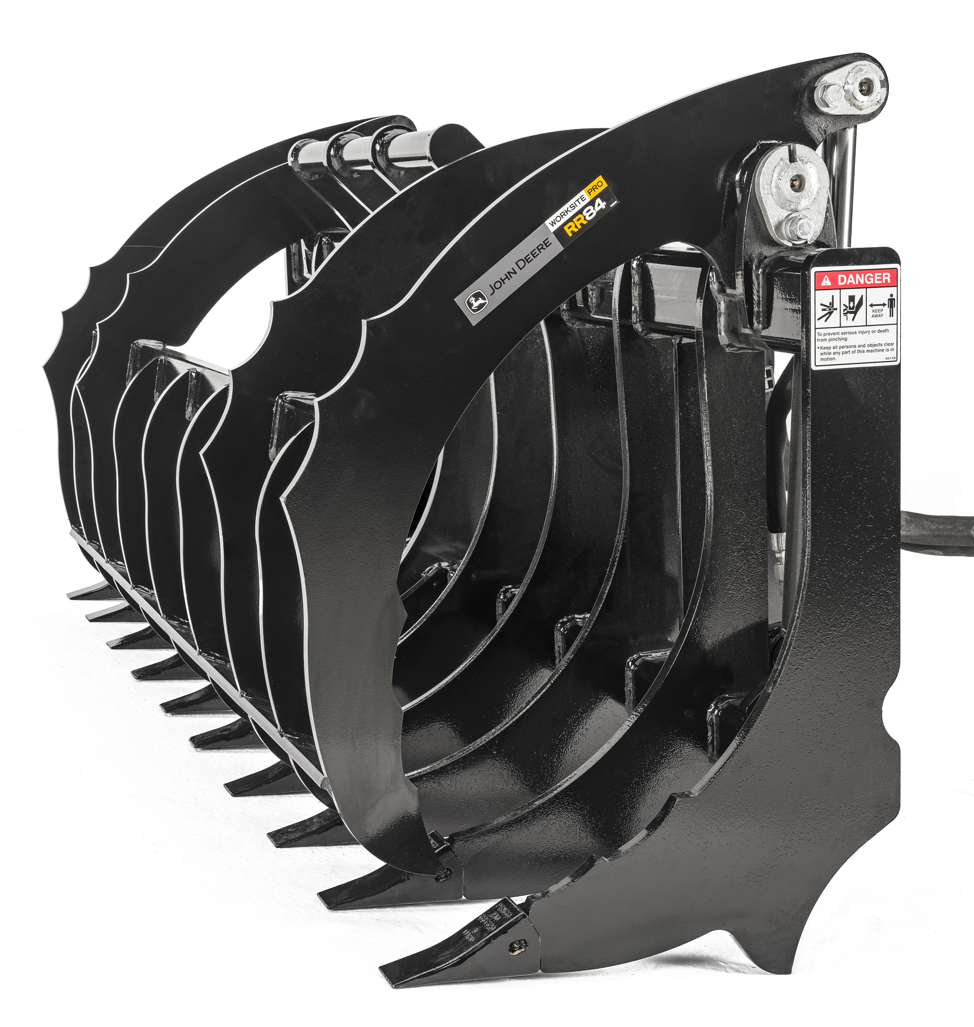 Studio front left view of a black RR84 Root Rake, jaws closed