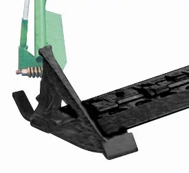 Close-up studio view of an SB11 sickle bar mower's adjustable skid shoes