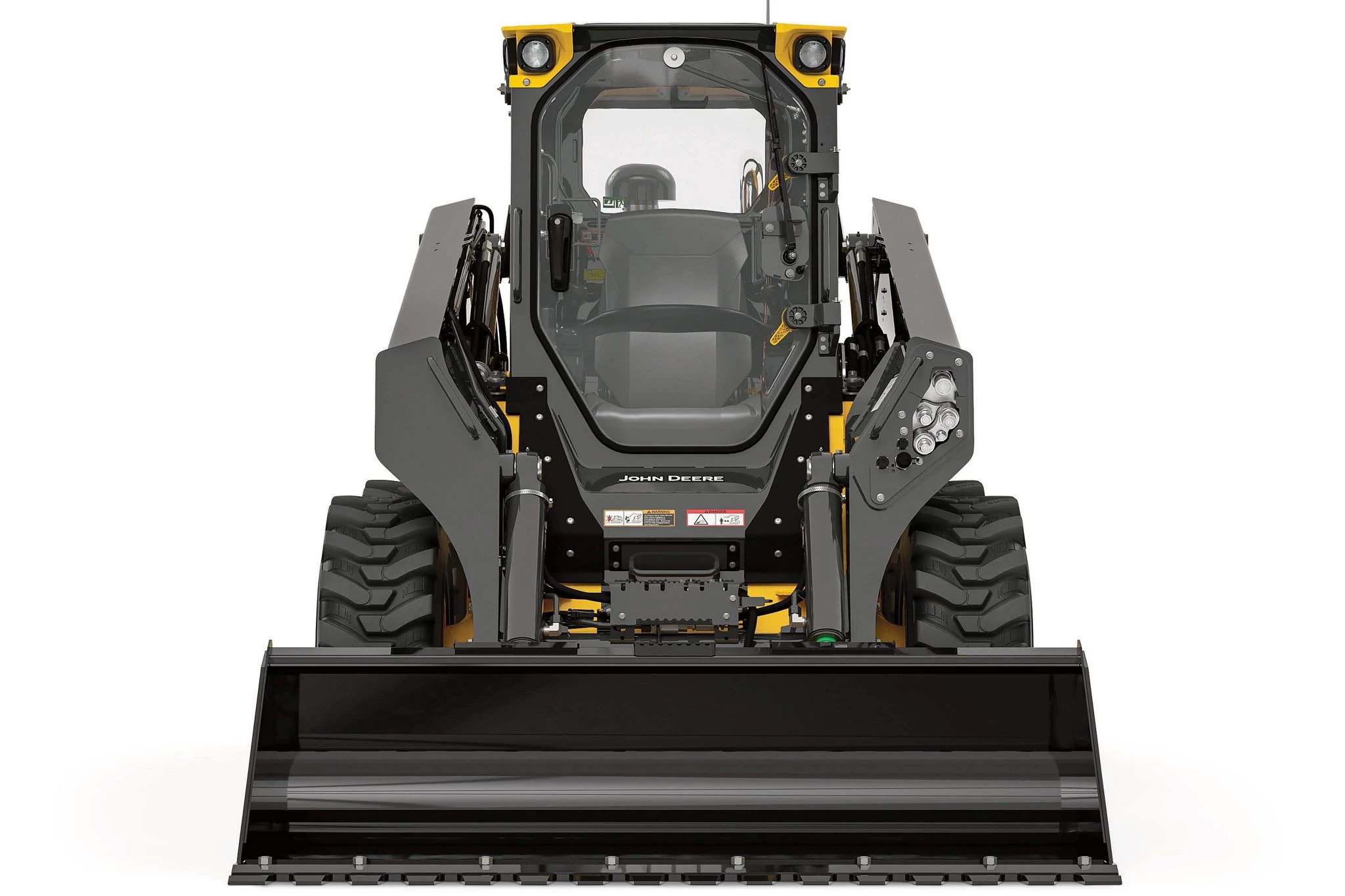 Front-facing view of a 334 P-Tier skid steer on a plain white background