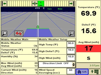 Agricultural guidance screen displaying Mobile Weather navigation view and weather metrics, including temperature, DeltaT, wind speed, and wind direction