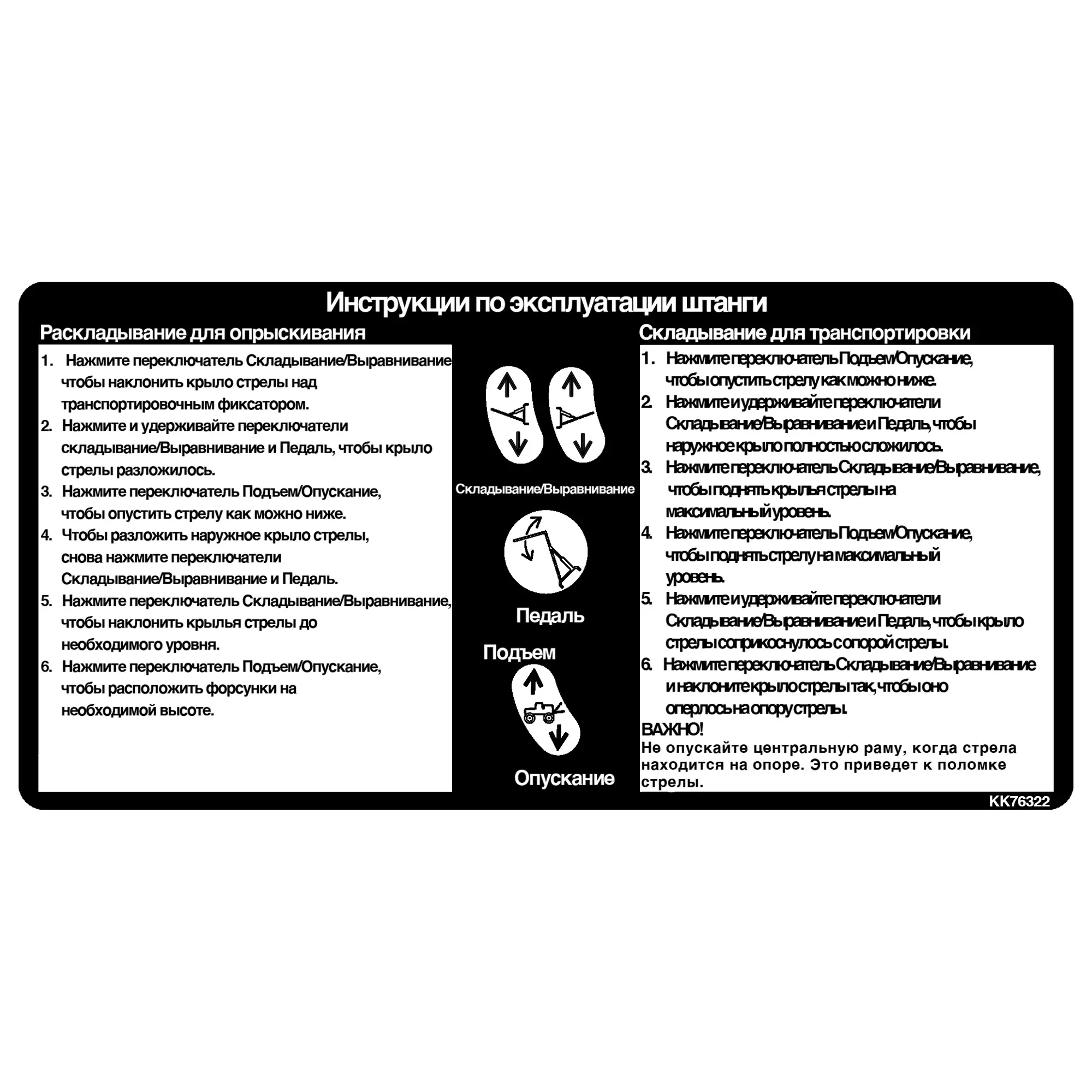 John Deere Boom Fold Instruction Label, Russian - KK76322