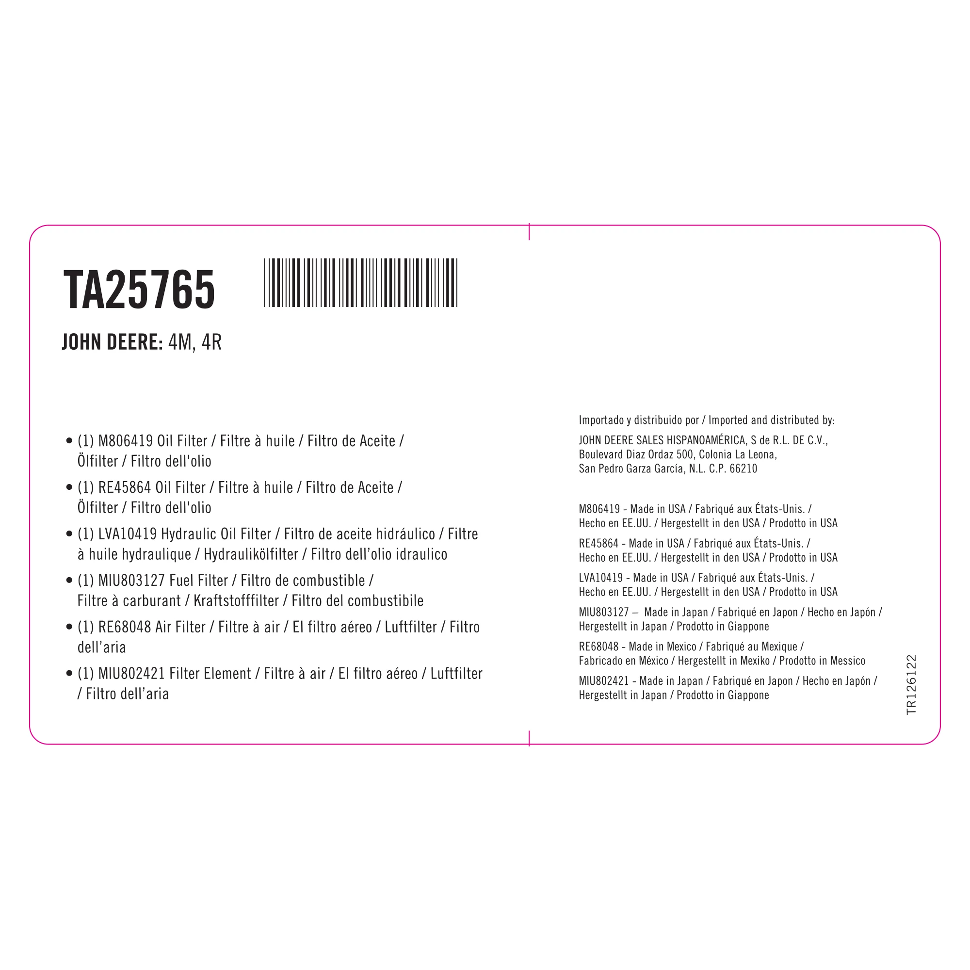 ティーズ ページ25 TA25765: Filter Pak | Shop.Deere.com