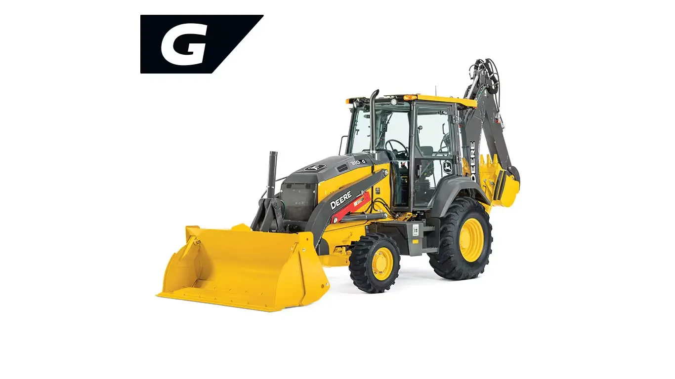 Front left studio view of 310 G-Tier Backhoe Loader with a stylized G in upper left corner