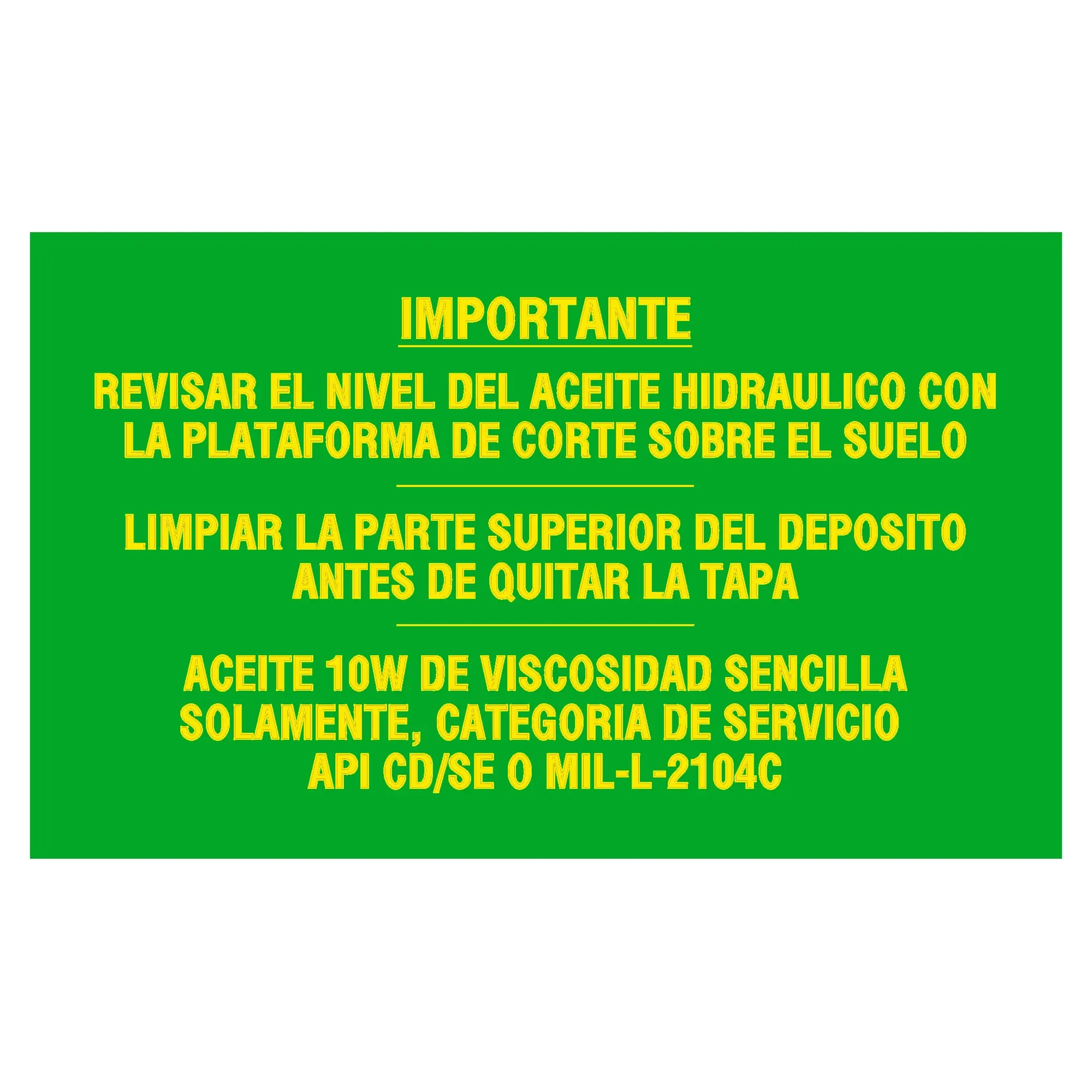 John Deere Hydraulic Reservoir Label, Spanish - H173081