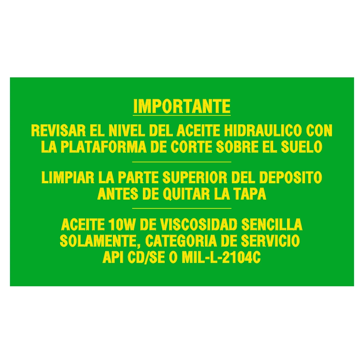 John Deere Hydraulic Reservoir Label, Spanish - H173081