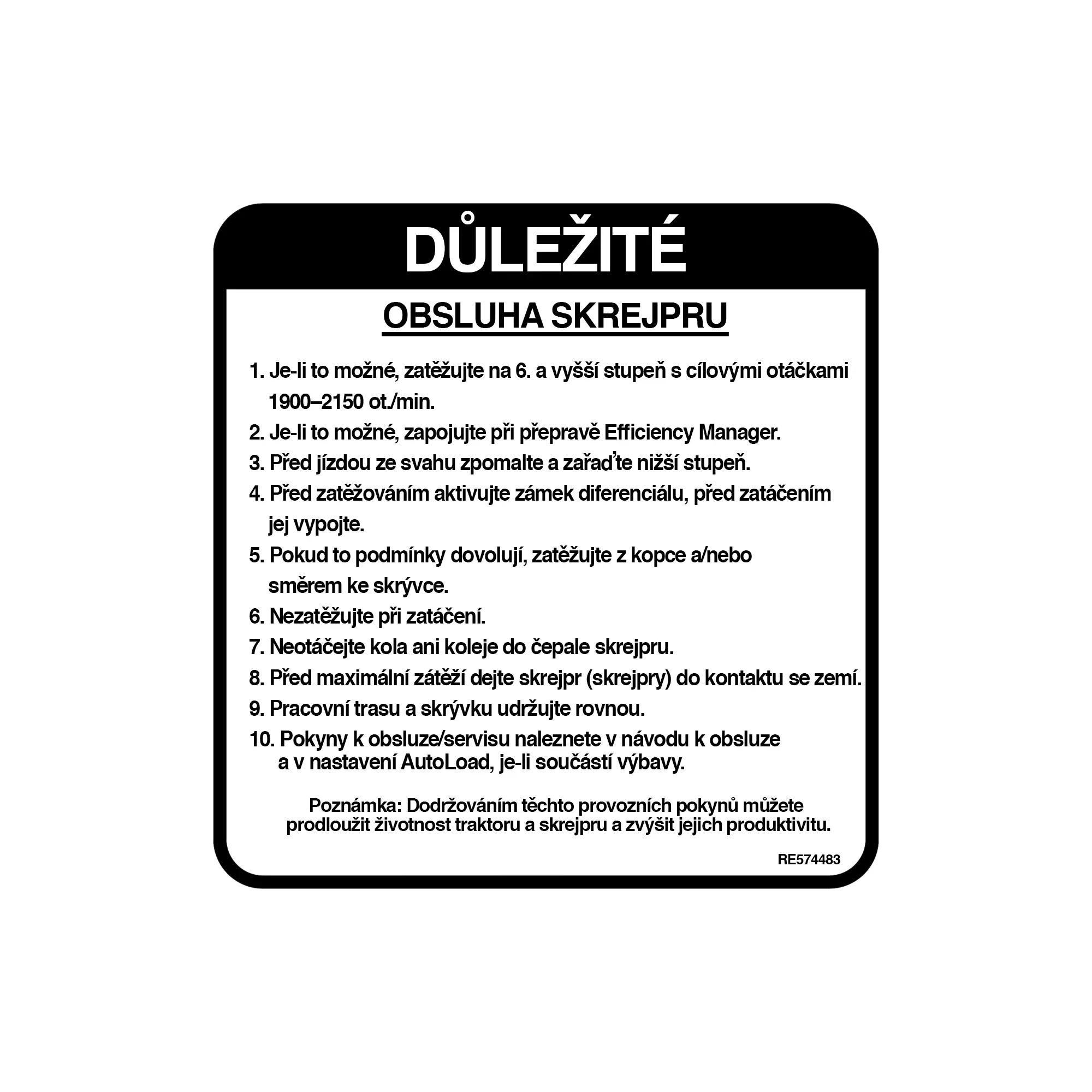 John Deere Scraper Operation Label, Czech - RE574483