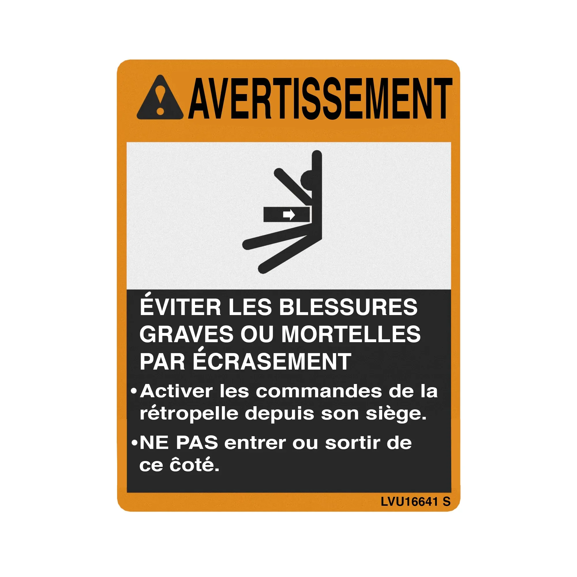 John Deere Safety Sign, Backhoe Warning, Canadian French - LVU16641