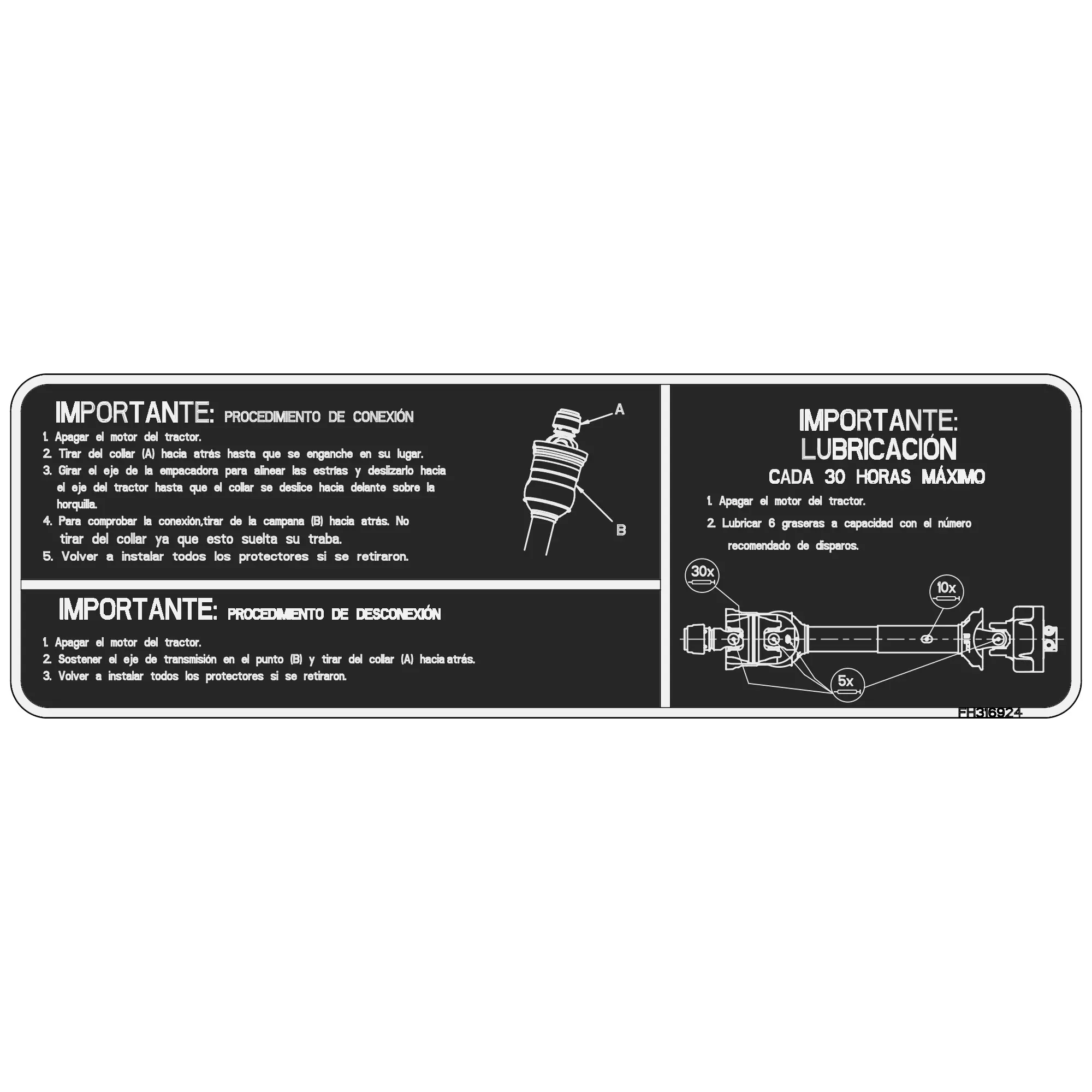 John Deere Hookup and Lubrication Decal, Spanish - FH316924