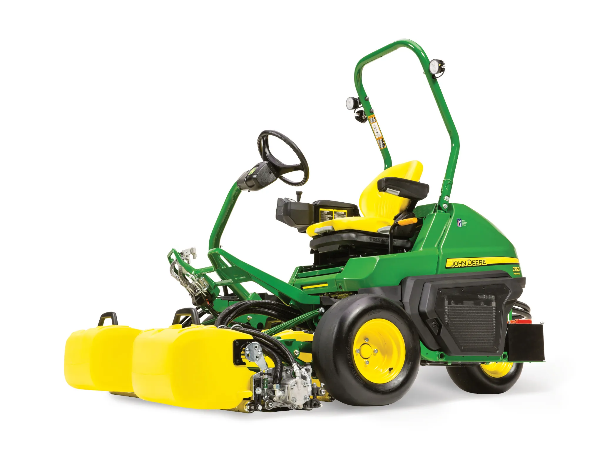 Triplex greens mower in green and yellow with high‑back seat, rollover bar and three reel cutting units for professional turf maintenance