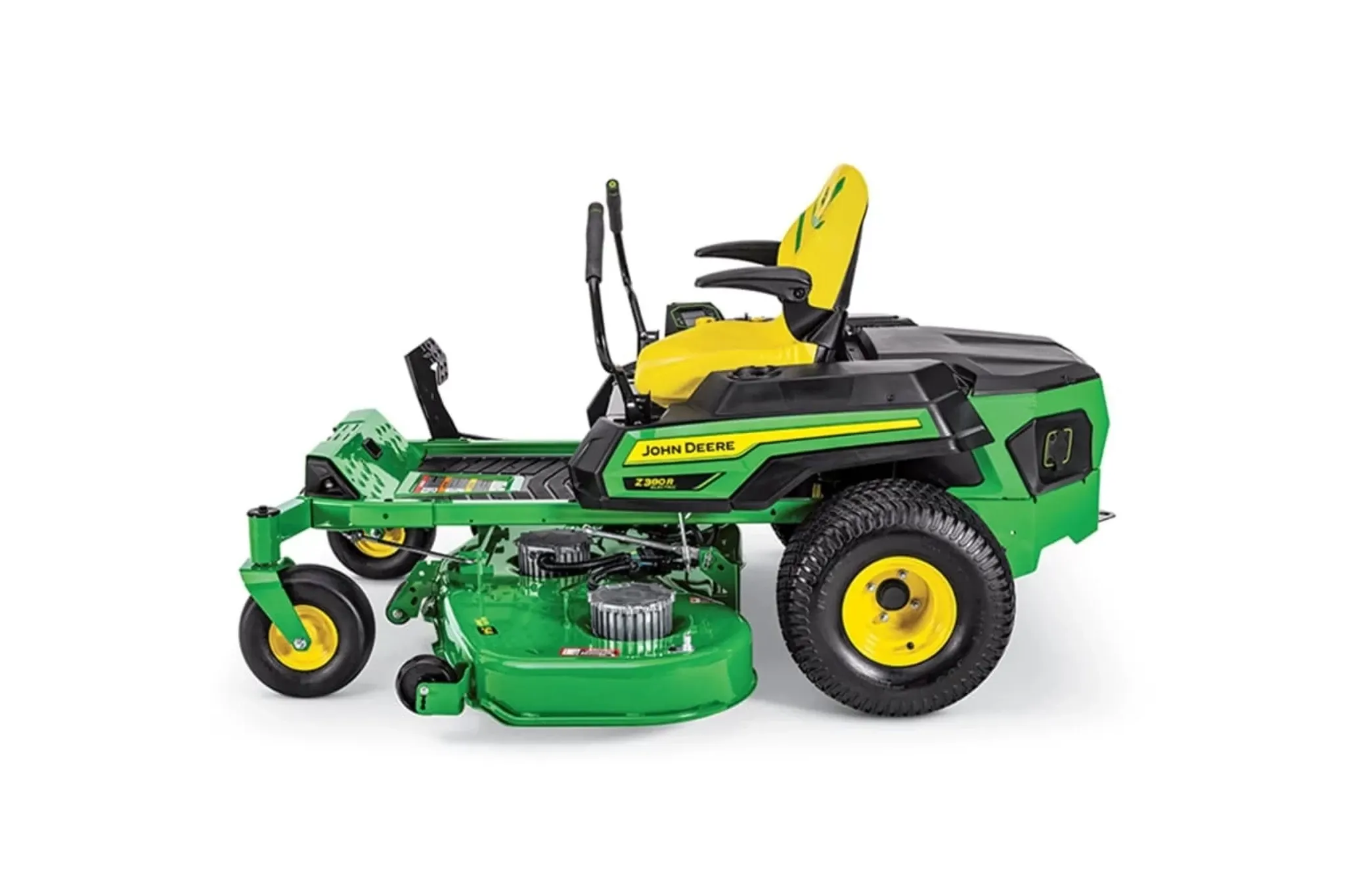 John Deere Z300R zero-turn riding mower with a green cutting deck, yellow seat, and black controls, shown in a left side view on a white background