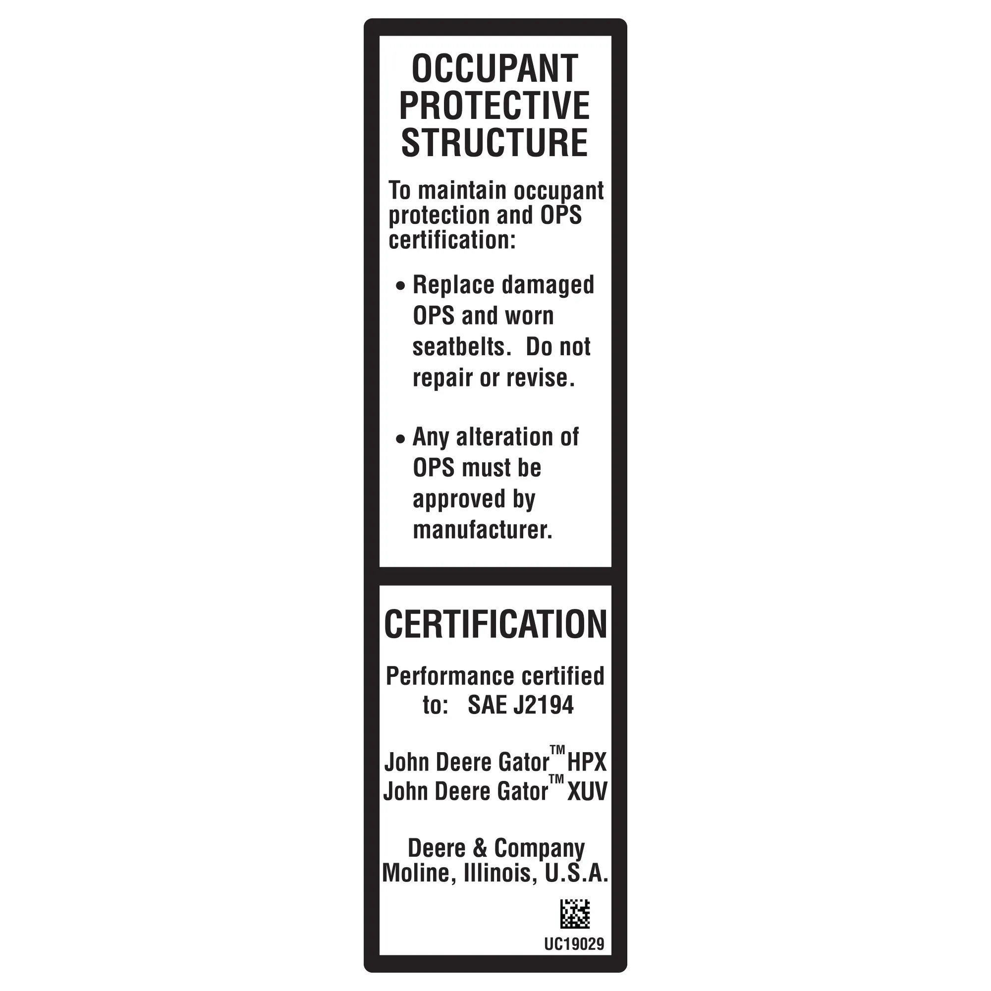 John Deere Operator Station Label - UC19029