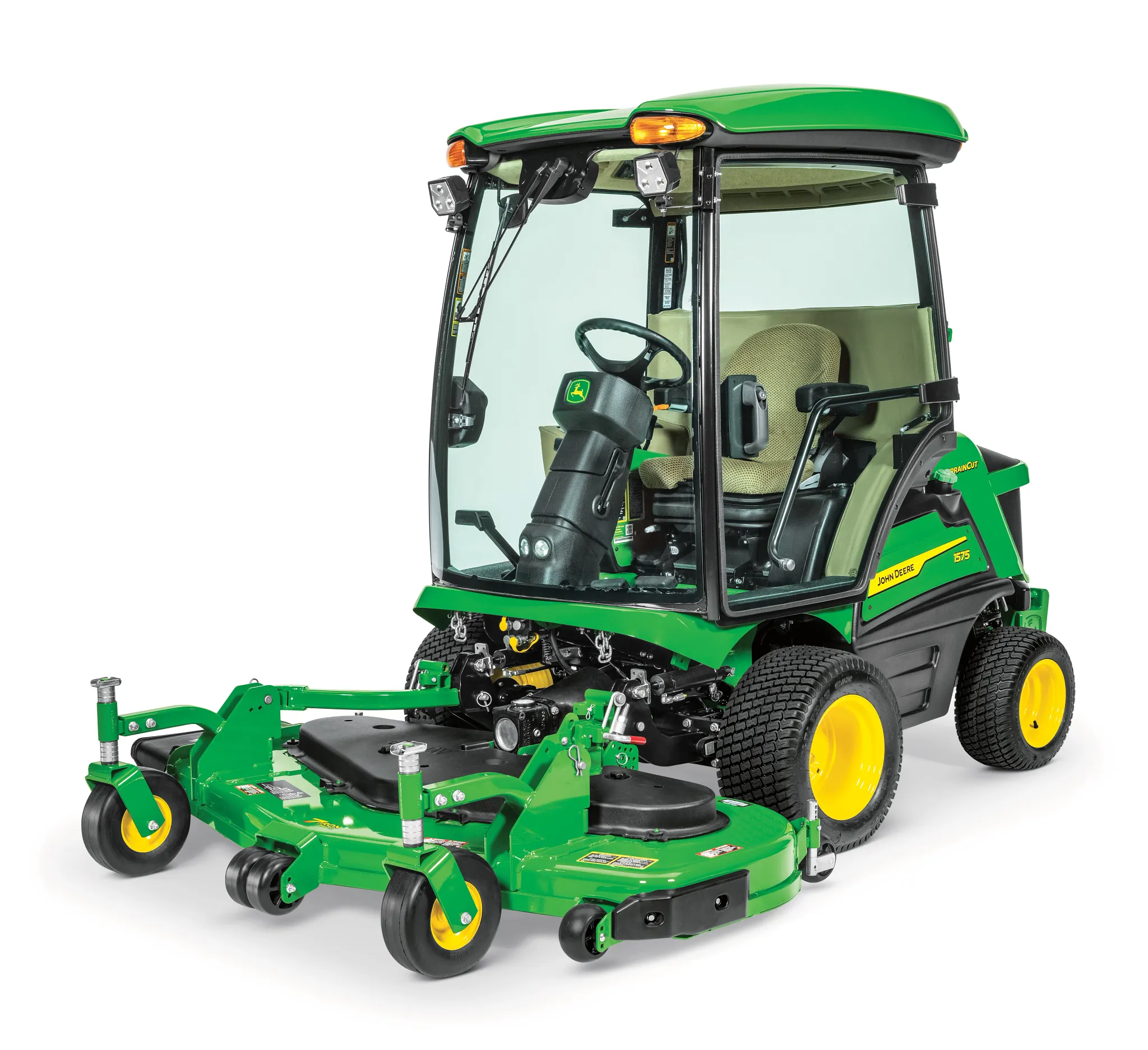 Green and yellow front mower with an enclosed cab and front mower deck attachment, shown from a front angled view
