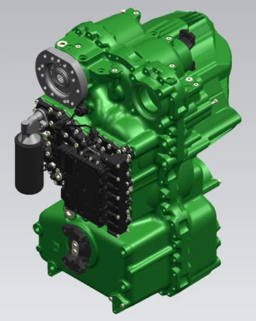 Computer-generated graphic of the green Continuously Variable Transmission (CVT) used in L-III skidders