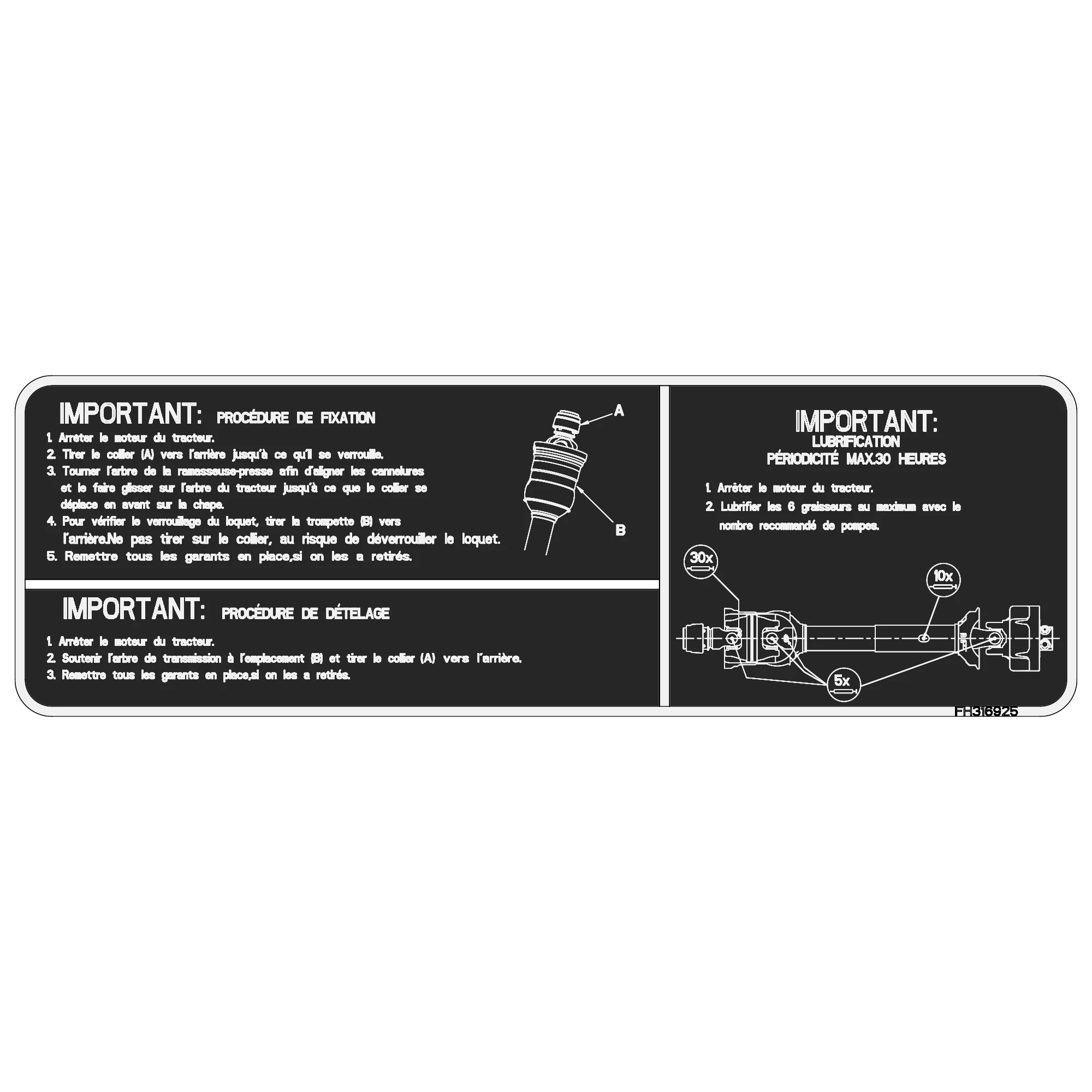 John Deere Hookup and Lubrication Label, French - FH316925
