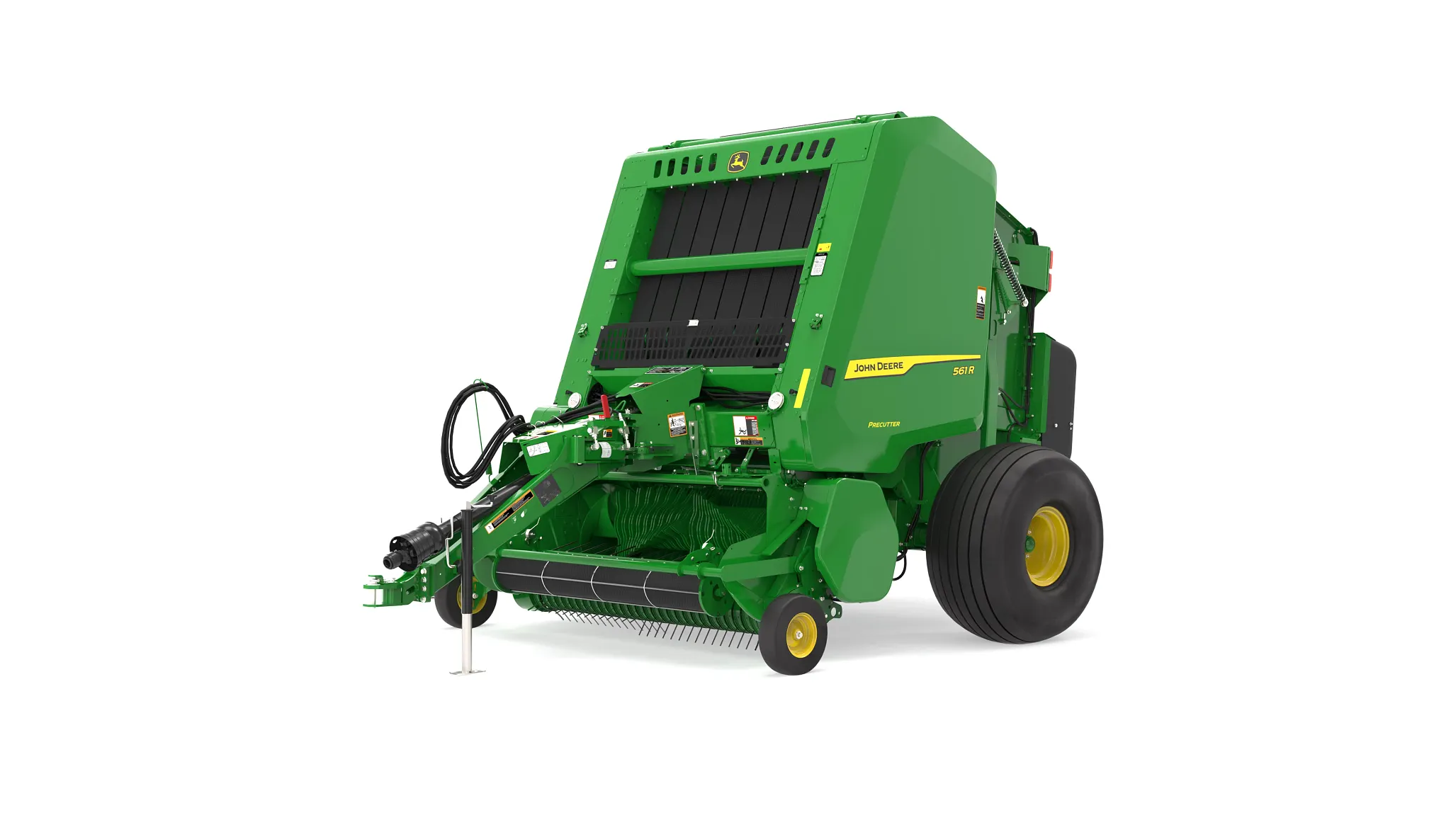 Copilot said: Front three-quarter view of a John Deere 561R round baler with Precutter, displaying the pickup reel, hitch assembly, green body, yellow wheels, and bale chamber on a white background.