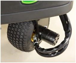 Studio close-up of a wheel and cables from a 2653B PrecisionCut™ Trim and Surrounds Mower's full-time three-wheel drive system