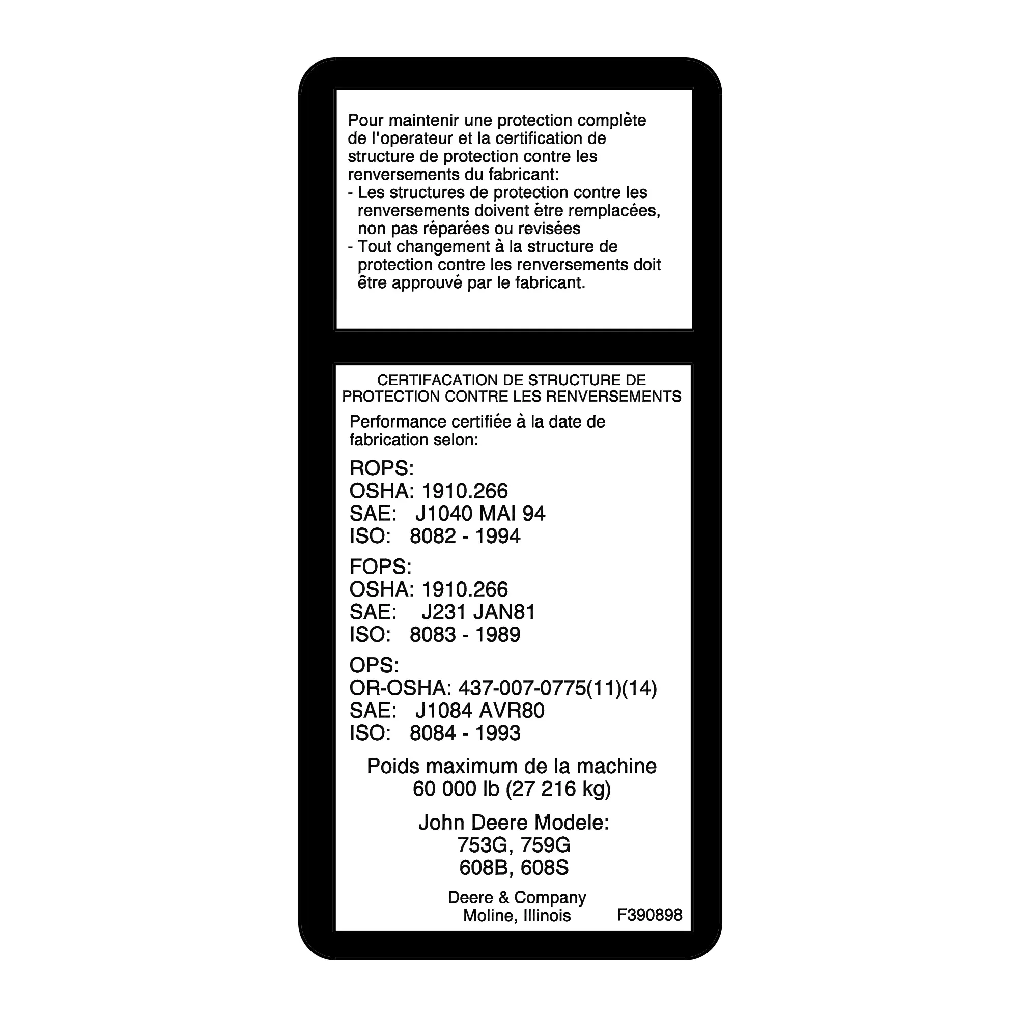 John Deere Roll Over Protection Structure Label - F390898