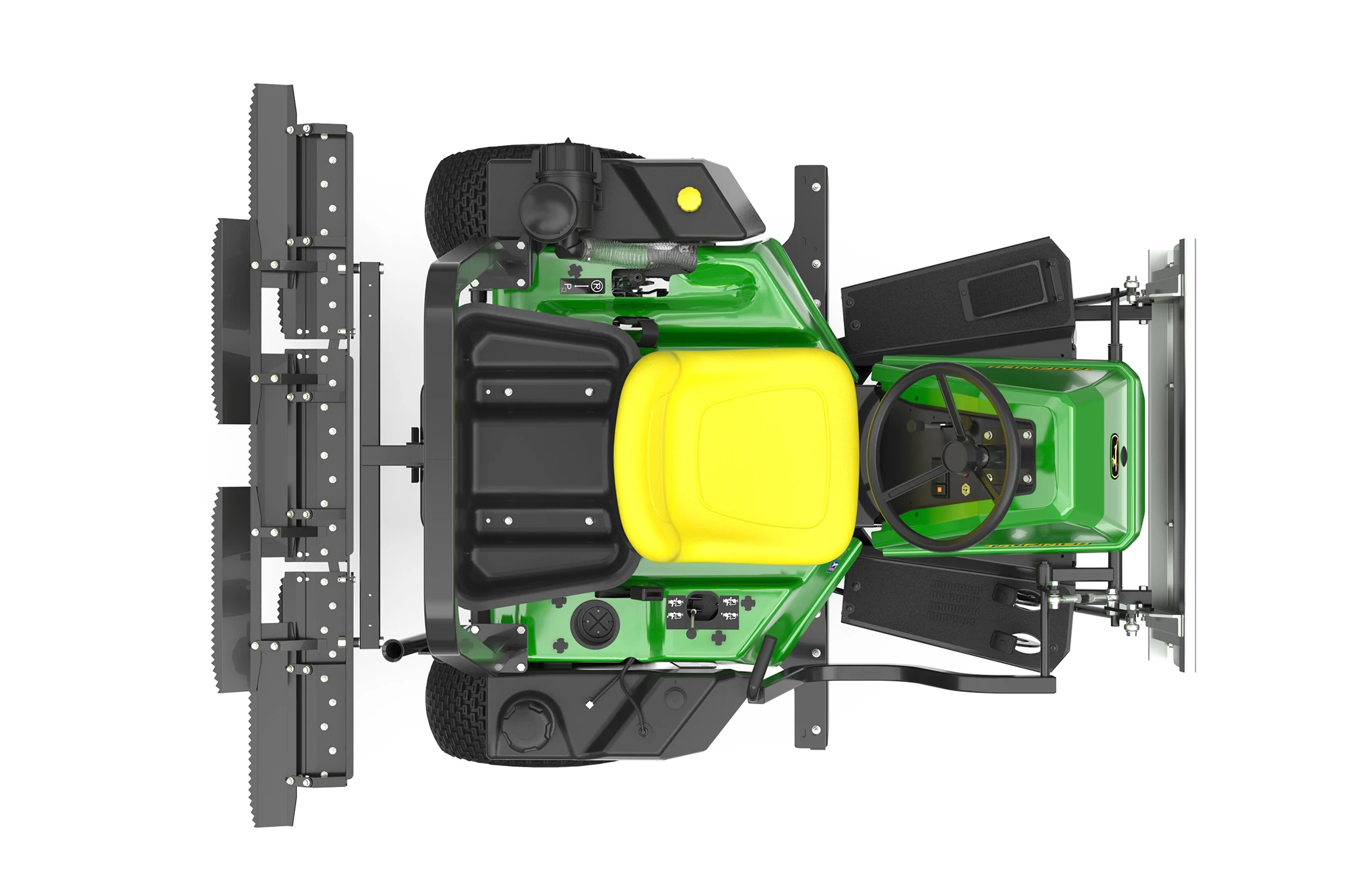 Top‑down view of a compact riding mower equipped with a front‑mounted material collection system, showing the cutting deck, operator seat, steering wheel, and collection components on a white background.