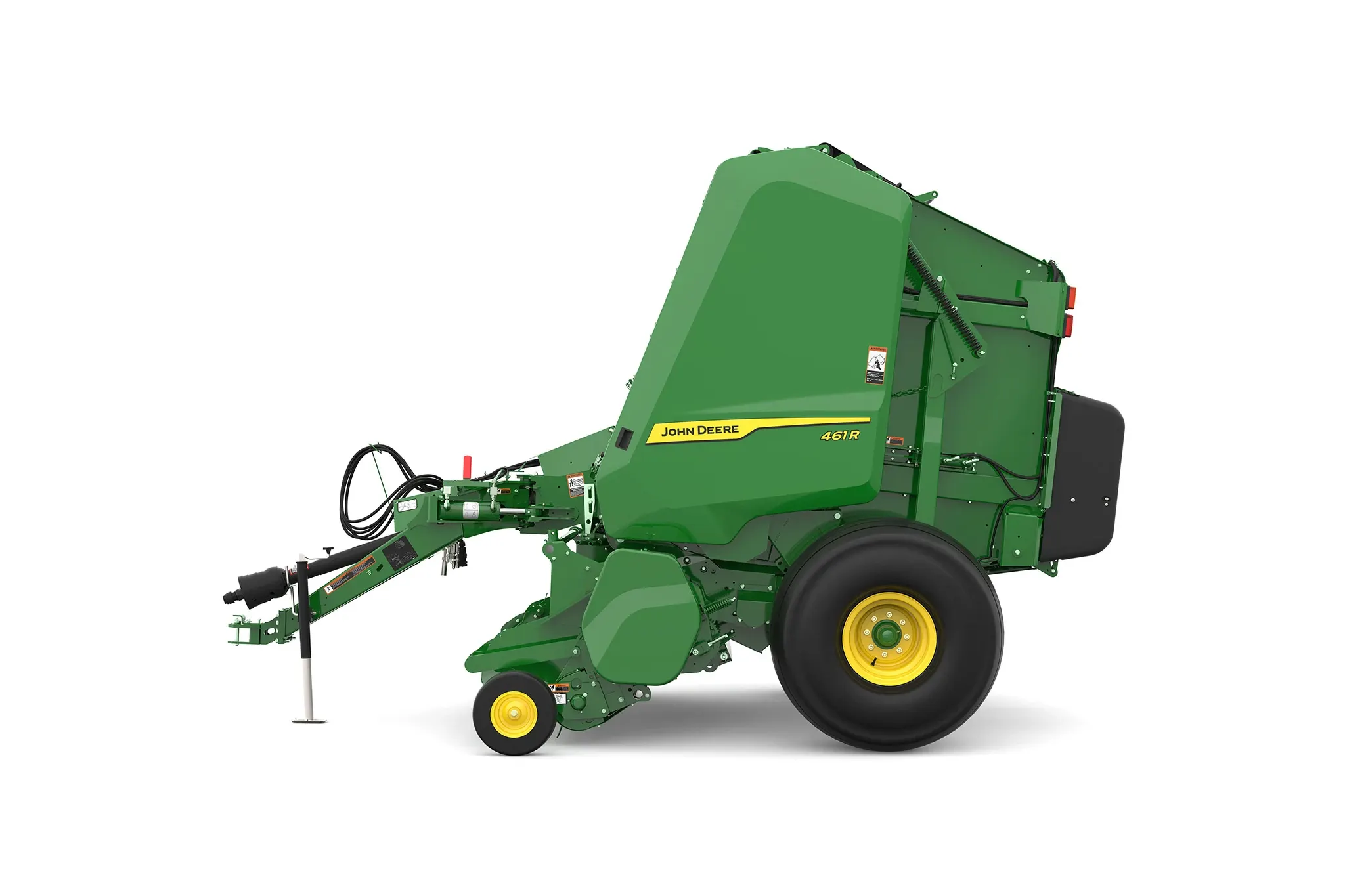 Studio rendering of 461R round baler shown in left-side profile on a white background, featuring a green body, yellow wheels, enclosed pickup assembly, rear bale chamber, and front tow hitch