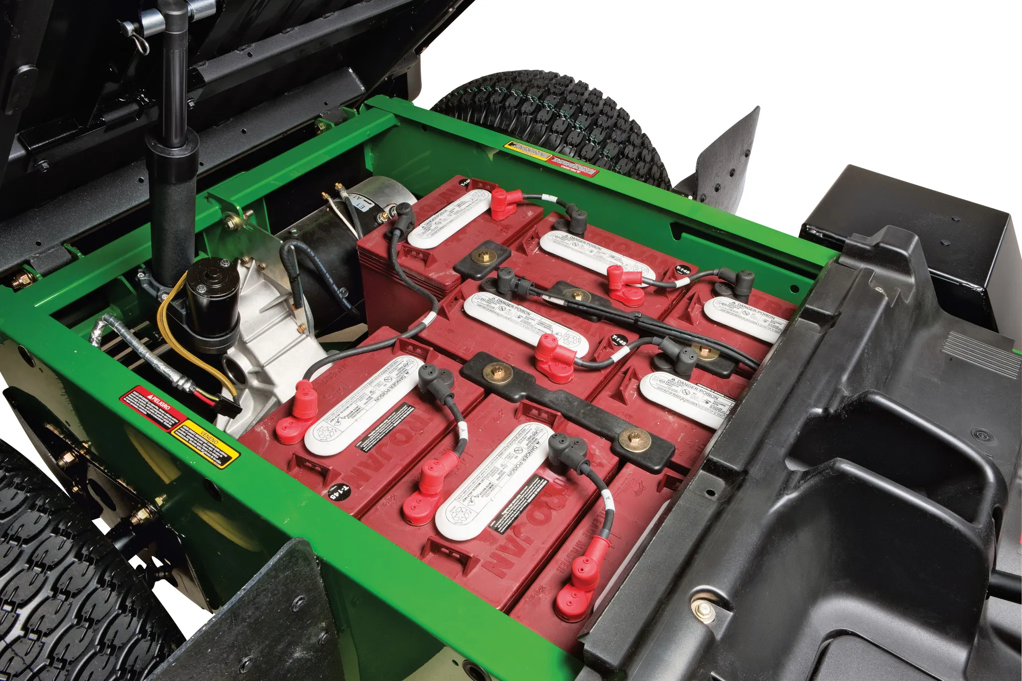 Close-up of battery on TE 4X2 Gator Turf Utility Vehicle
