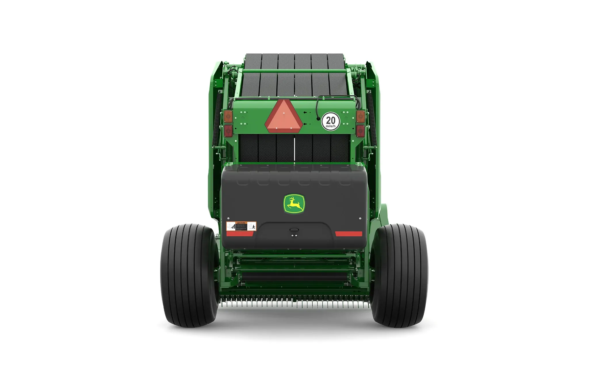 Studio rendering of 461R round baler shown from the rear on a white background, featuring a green body, large black tires, rear compartment with John Deere logo, safety reflector, warning markings, and visible bale chamber belts